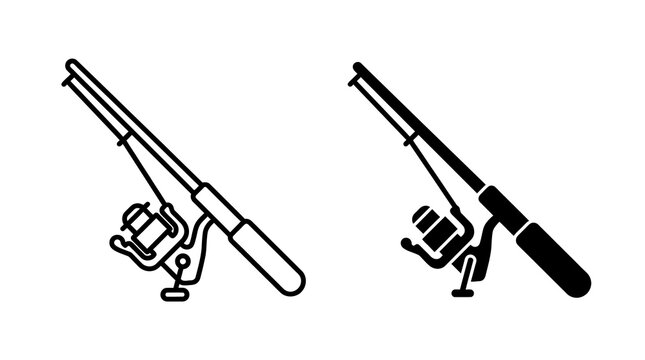 Two fishing rods with reels in line art and solid black styles isolated on transparent background for recreational angling equipment graphic design elements usage.