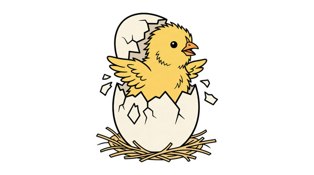 Cute yellow chick hatching from egg, fluffy baby chicken in broken shell, adorable newborn bird in nest illustration on white background