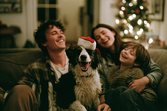 Family laughing together on a couch with their dog wearing a santa hat by the tree