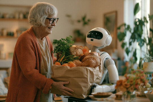Elderly woman handing a bag of fresh produce to a small robot in a kitchen
