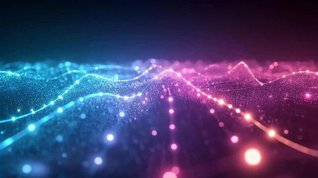 Abstract Digital Wave Data Visualization, Glowing Particle Network Mesh in Blue and Pink Light