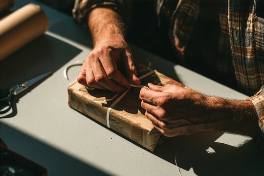 Close up of hands wrapping a gift with twine and brown paper shown in vivid detail