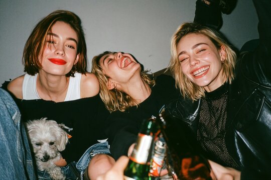 Three young women laughing together at a party while holding a small dog