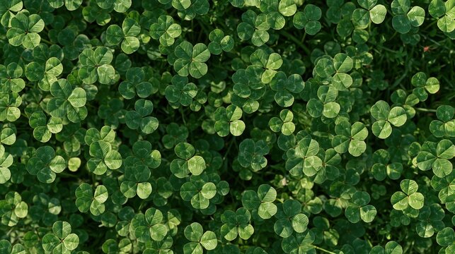 Dense field of green clover leaves in sunlight