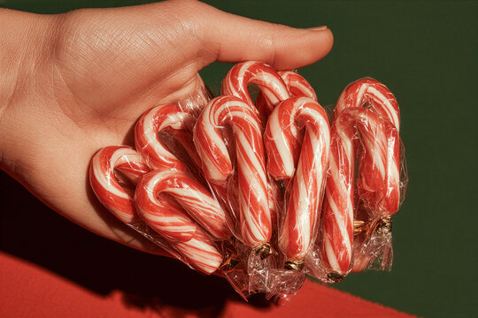Hand holding wrapped candy canes against a red background shown in vivid detail