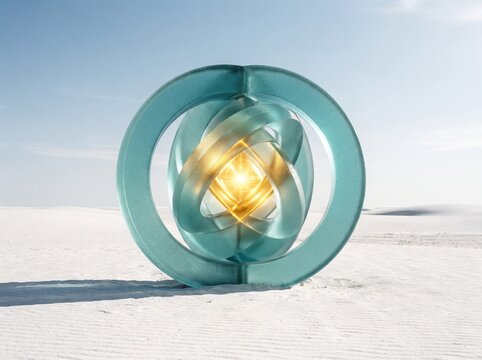 Abstract translucent glass sculpture with glowing core on a vast white desert