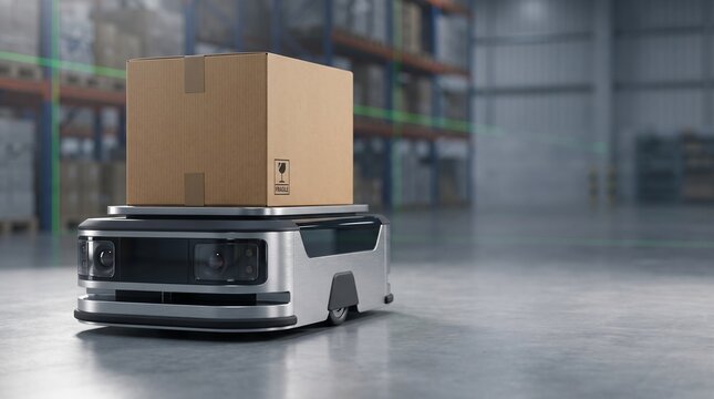 Autonomous transport robot carrying cardboard box in warehouse