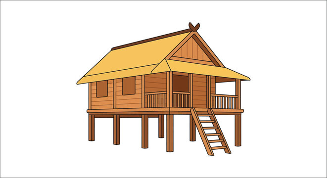 Traditional wooden stilt house with a thatched roof is depicted in a vector illustration architecture