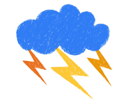 Blue Storm Cloud with Colorful Lightning Bolts in Crayon Style