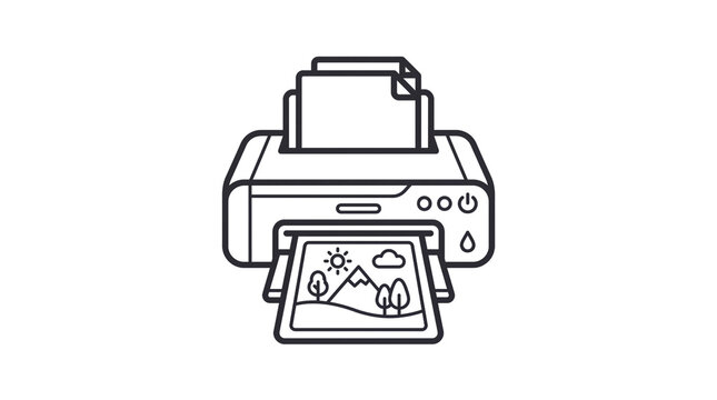 Minimalist printer line icon, office printing machine symbol, black and white inkjet printer with landscape photo output, professional hardware illustration