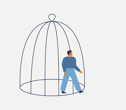 man steps out of the cage. male character get out of comfort zone to find new. hope and liberty, freedom, mental rehabilitation. escape from  routine, pressure and open your mind. Vector illustration