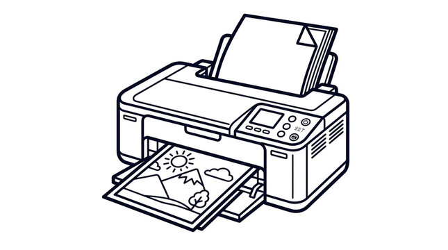 Minimalist printer line art illustration, black and white inkjet printer icon, office hardware sketch, electronic printing device on white background