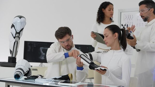 Bionic forearm fitting on a young woman at a lab bench, engineer adjusts the wrist of the robotic prosthesis as scientists look on