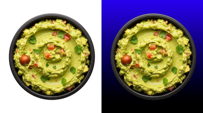 Fresh homemade guacamole in black bowls with toppings