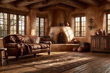 Obraz premium rustic living room interior with adobe fireplace