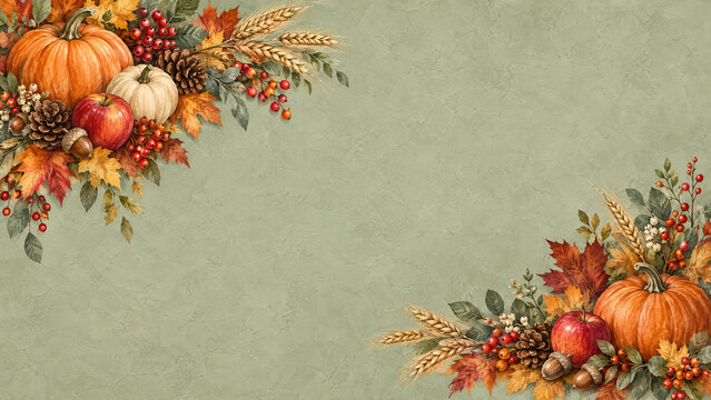 Vintage autumn harvest border with pumpkins and wheat, rustic fall foliage frame on sage green background, thanksgiving seasonal botanical composition