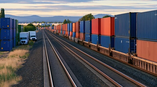 Long freight train carrying shipping containers along railway