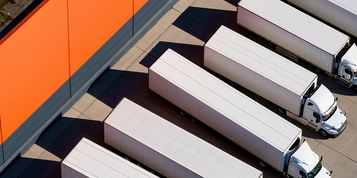 Aerial view of white trucks parked at orange