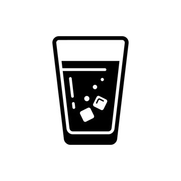 Refreshing glass of water icon with ice cubes inside showing black silhouette graphic style for beverage menus dining apps restaurant services and drink concepts.