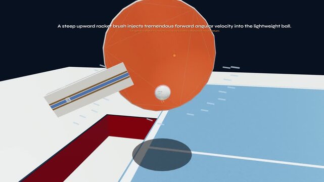 3D animation explaining the Magnus effect and aerodynamics of a topspin shot in table tennis, showing racket impact, air pressure differential, and curved ball trajectory over the net