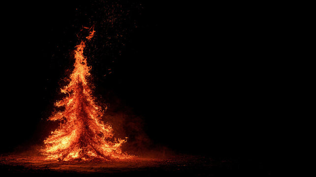 Blazing fire shaped like a christmas tree glowing in the darkness shown in vivid detail