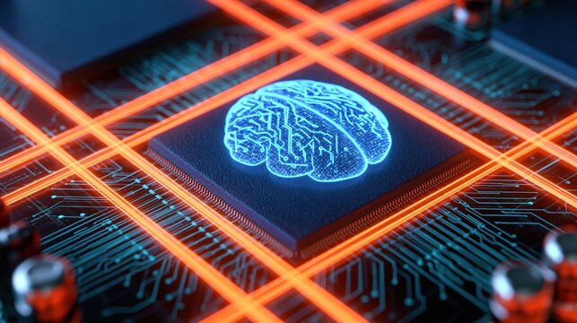 Glowing brain chip on circuit board with neon