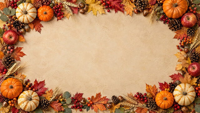 Autumn harvest border on parchment paper, Thanksgiving frame with pumpkins and fall leaves, rustic seasonal background with apples and pinecones