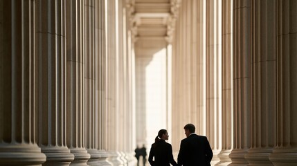Fototapeta premium Couple walking through grand colonnade corridor