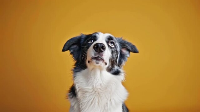 Portrait of a Border Collie with a Funny Expression against a Yellow Background