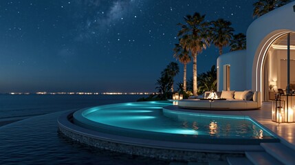 Fototapeta premium Luxury villa infinity pool under starry night sky