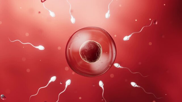 The union of sperm and an egg cell, 3d rendering.