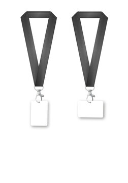 Badges Lanyard design. Identification card with ribbon. Metal closure and card with plastic. Accreditation for events congresses and companies. Vector