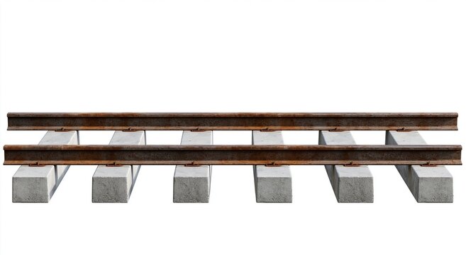 Rusty train rails on concrete sleepers against white