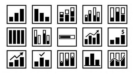 Fototapeta premium Set of Business Vector Icons with Bar Charts, Buildings, Bookshelves, Technology, Graphs, Batteries and Web Symbols for Infographics and Design