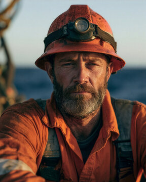 Offshore worker in an orange hard hat and jacket looking intently at the camera