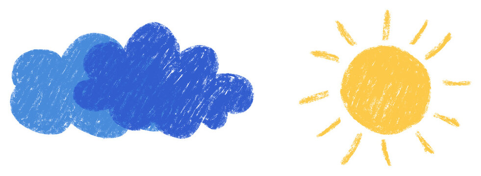 Blue Cloud and Yellow Sun Crayon Style Weather Illustration