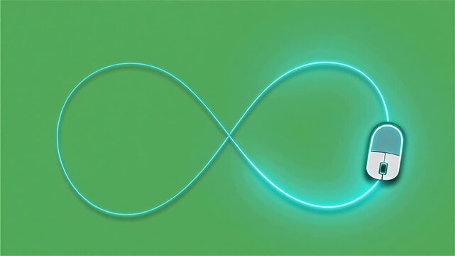 Minimalist Vector Computer Mouse Moving in Infinity Loop with Neon Trail on Green Screen, 5 Seconds Video