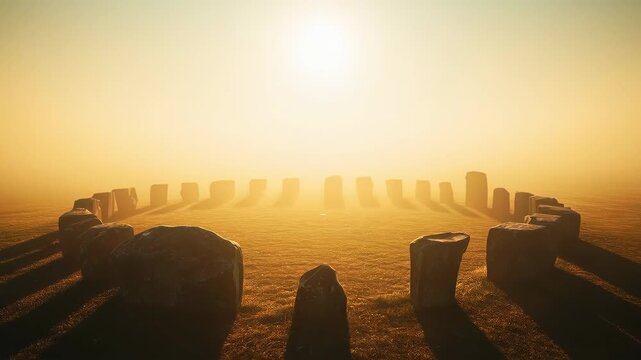 Stone Circle Ancient Monument at Sunrise in Golden Mist Across Prehistoric Grassy Landscape