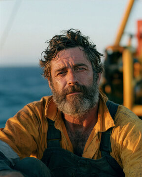 Weathered fisherman gazing thoughtfully with the ocean behind him shown in vivid detail
