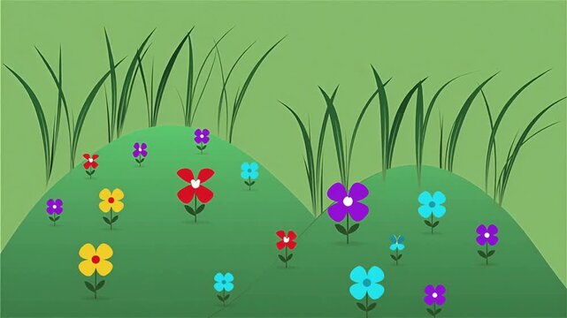 Twin Green Hills Pop Up with Blooming Flowers Vector Animation Chroma Key Green Screen 5 Seconds Video