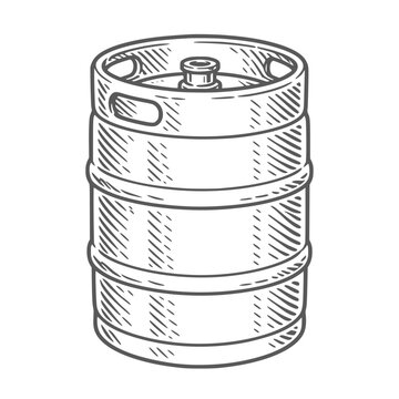 Metal beer keg with valve. Vintage woodcut linocut engraving style vector illustration.