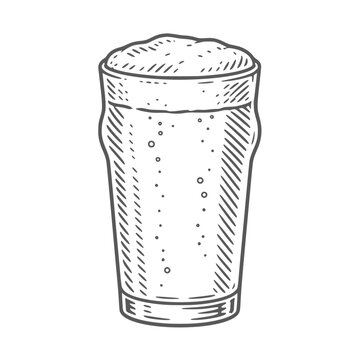 Full pint glass of foamy beer. Vintage woodcut linocut engraving style vector illustration.