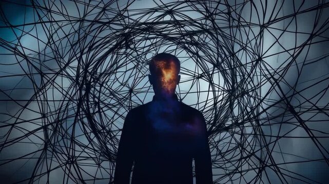 Surreal human silhouette glowing face, tangled wire, dark figure portrait, anxious surreal setting