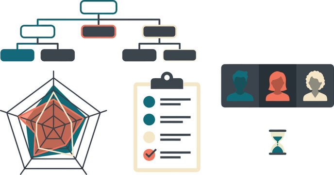 Corporate Management and Human Resources Analytics Vector Icon Set Featuring Organization Flowchart Chart Radar Graph Tasks Clipboard Team Avatars and Hourglass Timer