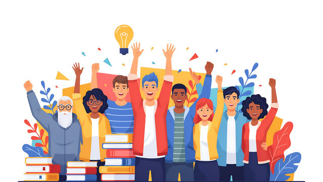 A diverse group of happy people celebrating with arms raised, standing behind stacks of books with a glowing light bulb above their heads
