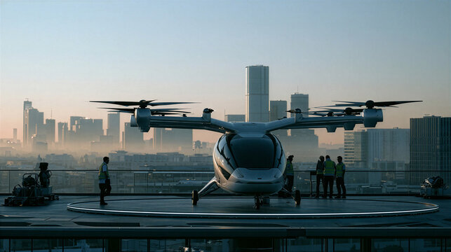 People standing near a futuristic flying taxi on a rooftop helipad at dusk