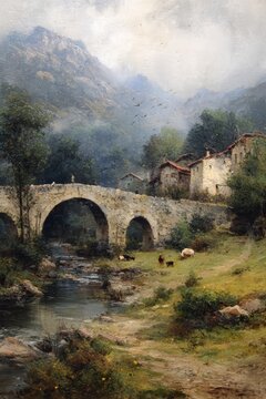 Classic oil painting of a peaceful European mountain village featuring a historic stone arch bridge over a river, traditional houses, and misty peaks.