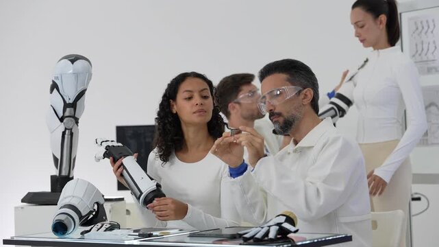 Robotics scientists work on a bionic forearm and microchip at a white lab desk beside a humanoid robot leg model, team in the background