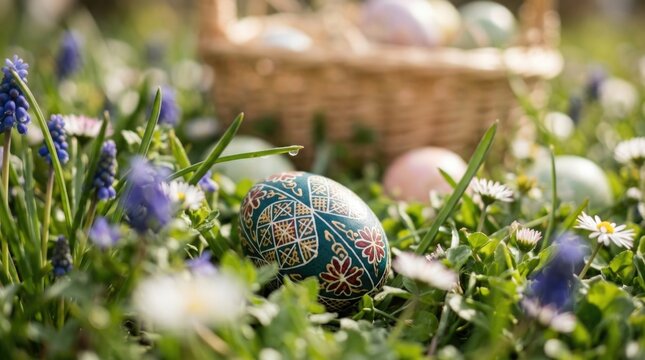 Easter egg with traditional folk ornament lies in green grass surrounded by spring flowers, blooming grape hyacinths, white daisies, woven basket blur background, seasonal outdoor hunt.