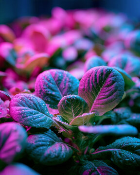 Fresh leafy vegetables glowing under colorful LED grow lights in a vertical farm